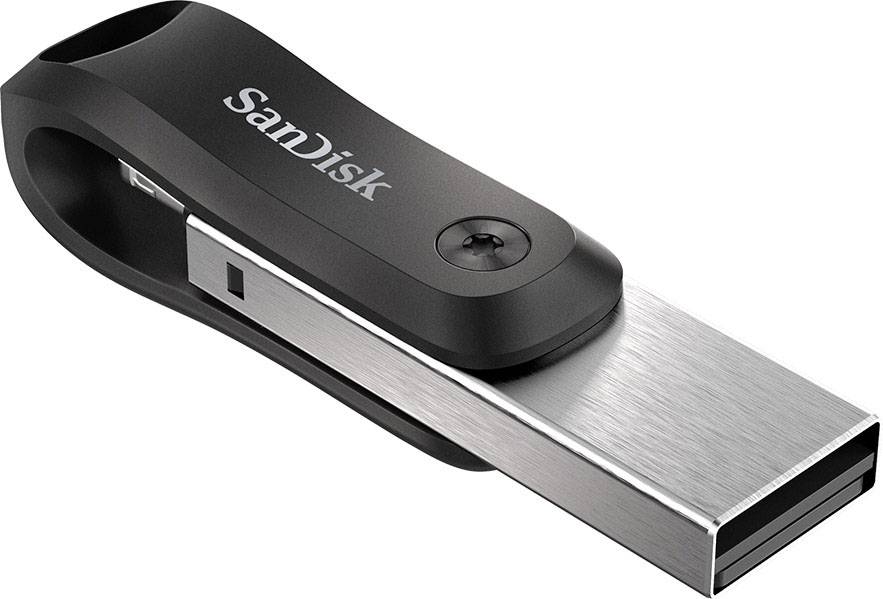 USB flash drive with black and silver design, lying down. Brand name 'SanDisk' in white on the black cover.