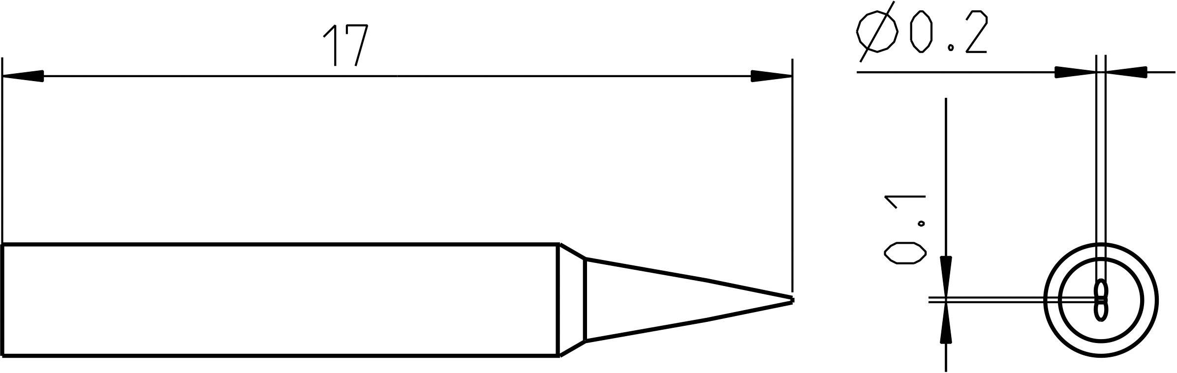 Drawing of a cylindrical object with a point, length 17, diameter 0.2, point 0.1. Shows precise technical dimensions.