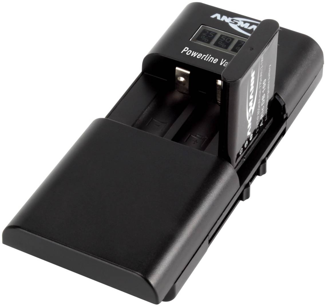 A black battery charger with space for four batteries and a small screen to display charging status.