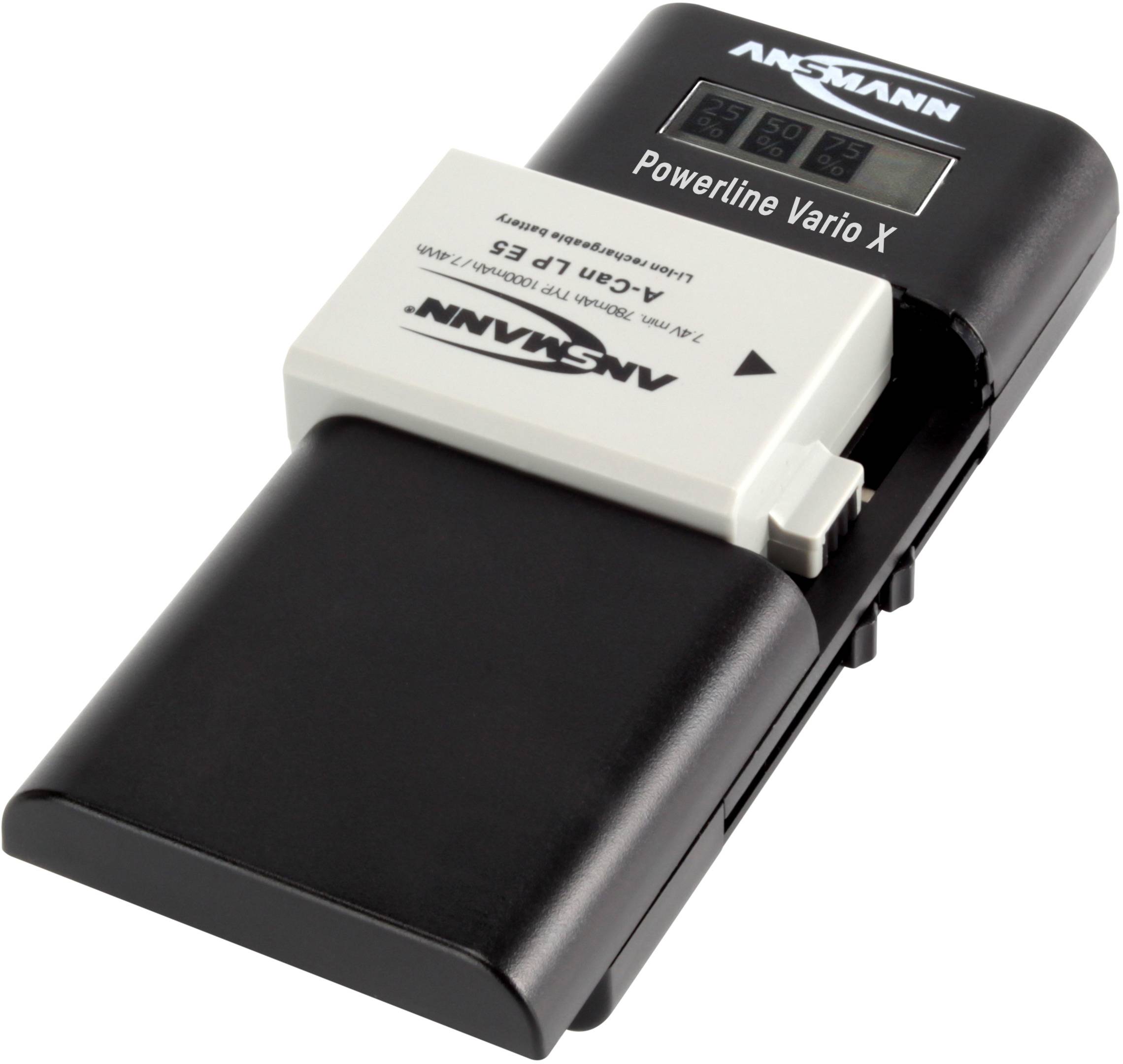 Two rechargeable batteries are being charged side by side in an Ansmann Powerline Vario X charger.