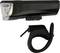 Black, rectangular bicycle light with a silver lens and matching handlebar mount, viewed from the side.