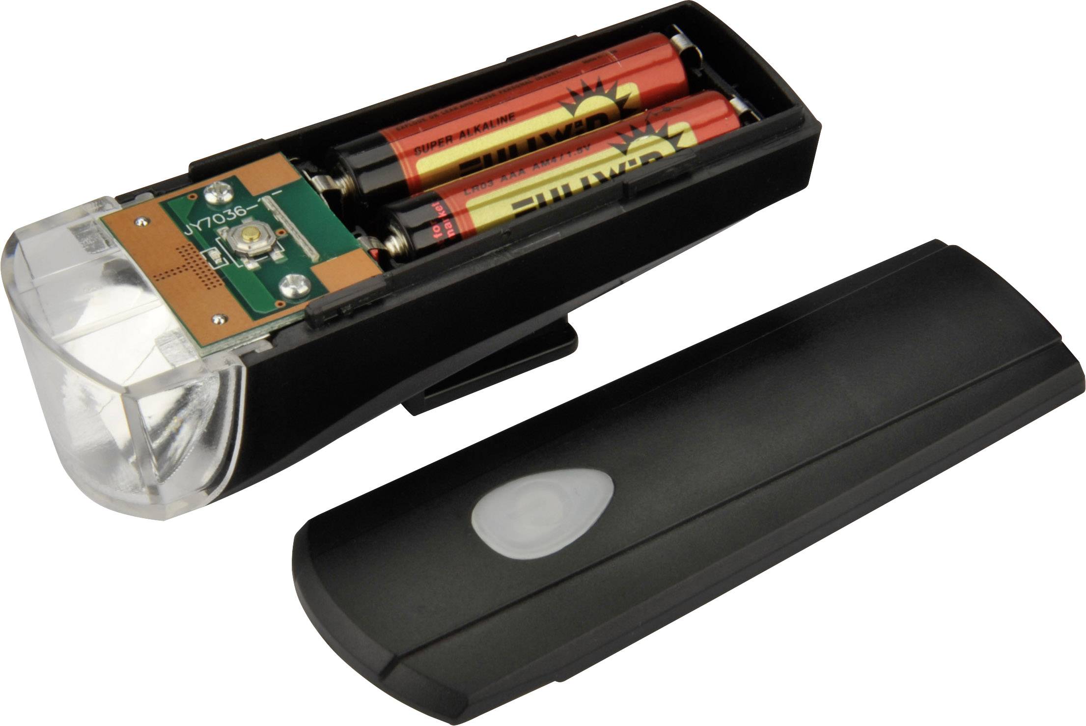 LED bicycle light with removed battery compartment cover. Two AA batteries visible inside.