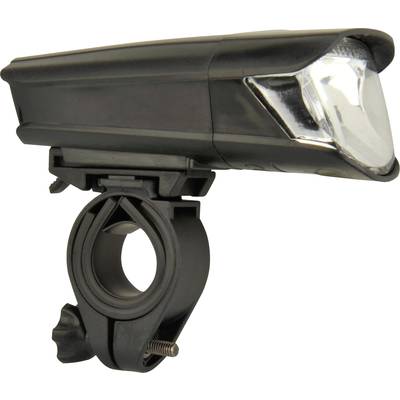 Black bicycle light with mount, for handlebar installation.