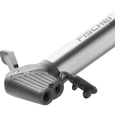 Hand-operated bicycle pump with a silver cylinder and black pump head, supporting two valve types ('Auto' and 'Dunlop').
