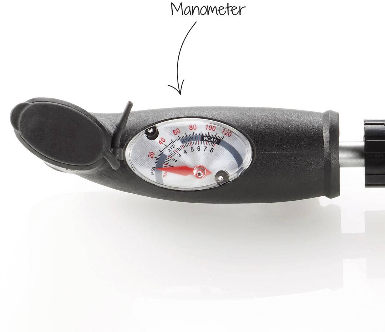 Manometer on a black device, showing pressure in psi and bar. Display marked up to 120 psi, with the pointer currently at approximately 33 psi.