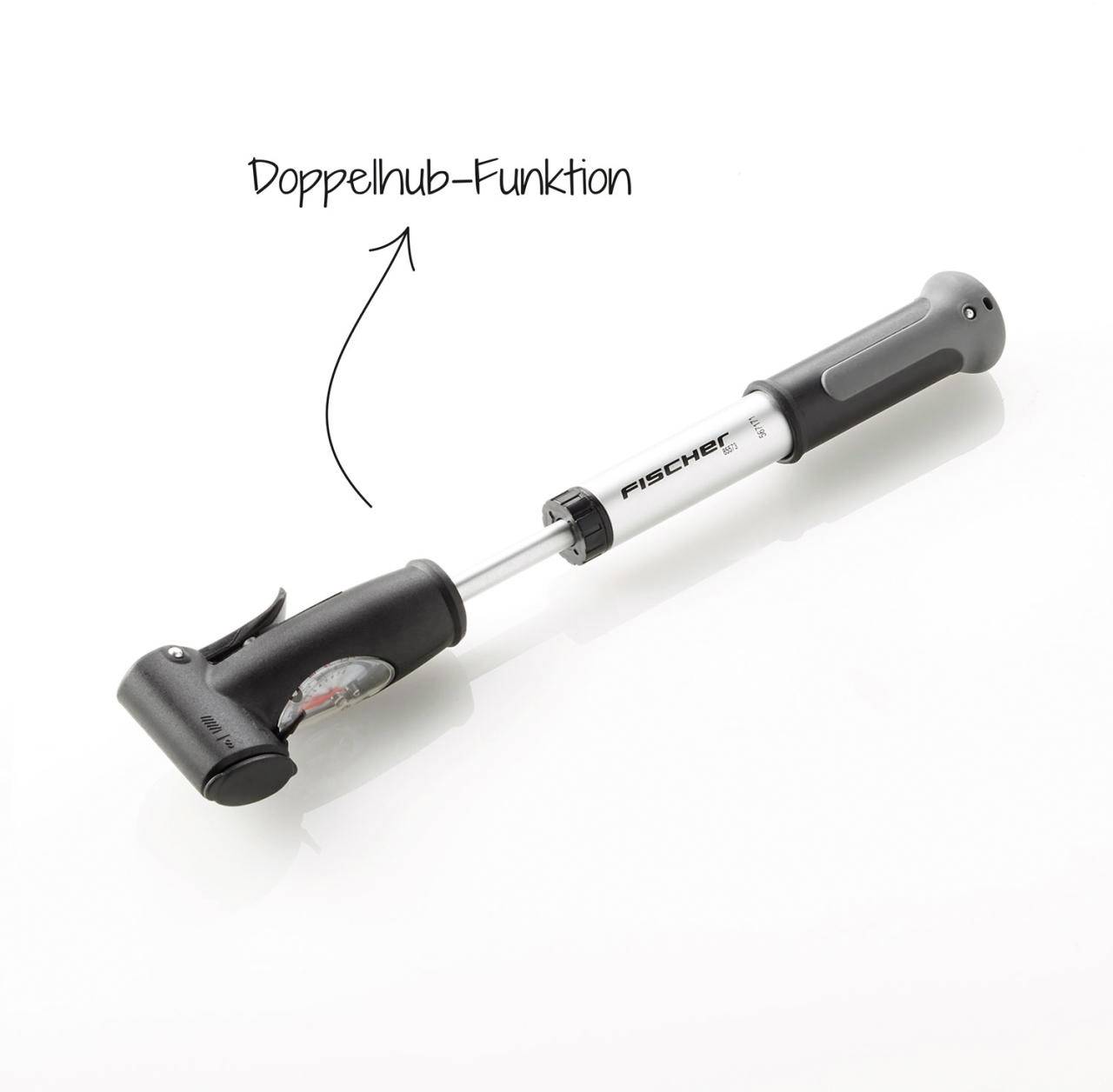 'Double-stroke air pump, silver and black, with ergonomic handle and pressure gauge. Suitable for bicycles.'