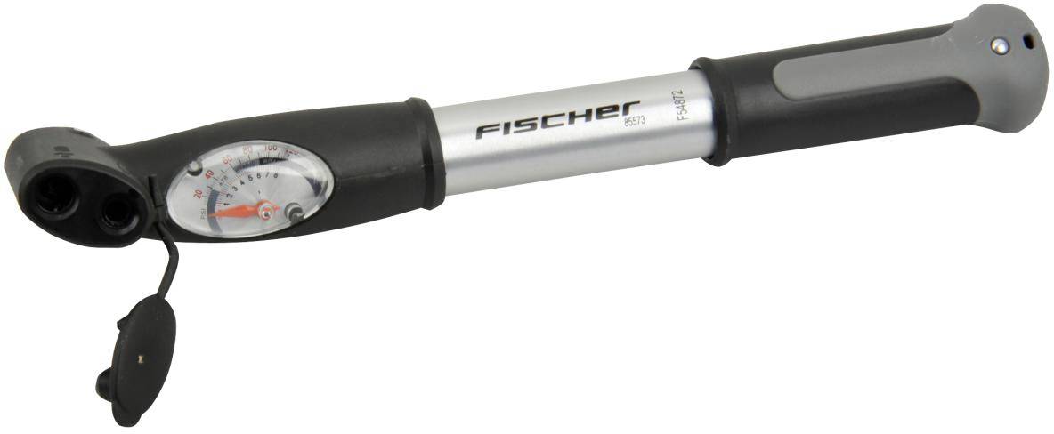 A silver and black bicycle pump with pressure gauge and hinged lid.