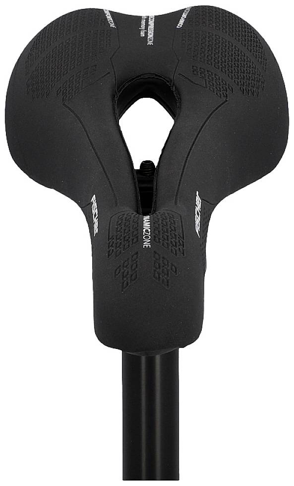 Black bicycle saddle with ergonomic design and central cut-out for pressure relief. Suitable for sporty rides.