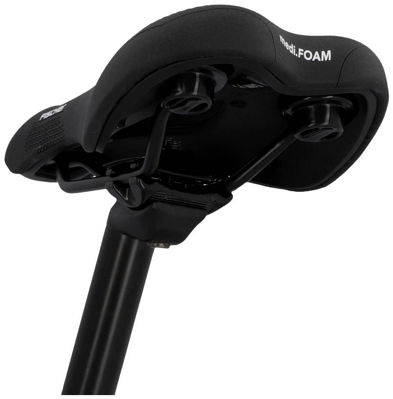 Bicycle saddle with a black cover and padded edges, mounted on a seat post.