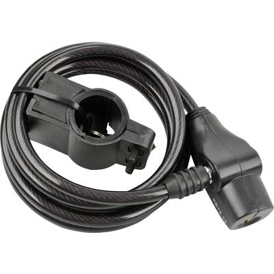 A black cable with a round plug and a mounting clip for connecting electronic devices.