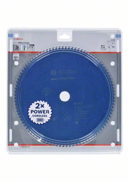 Saw blade in packaging, blue design with double performance for cordless saws, suitable for aluminium, Bosch brand.