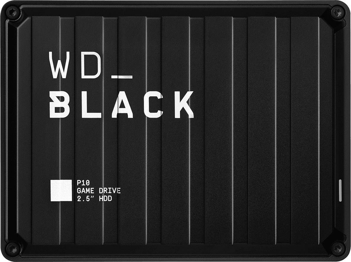 Black external hard drive. White text reads: 'WD_BLACK P10 GAME DRIVE 2.5" HDD'. Square-shaped with textured lines.
