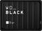 Black external hard drive. White text reads: 'WD_BLACK P10 GAME DRIVE 2.5" HDD'. Square-shaped with textured lines.