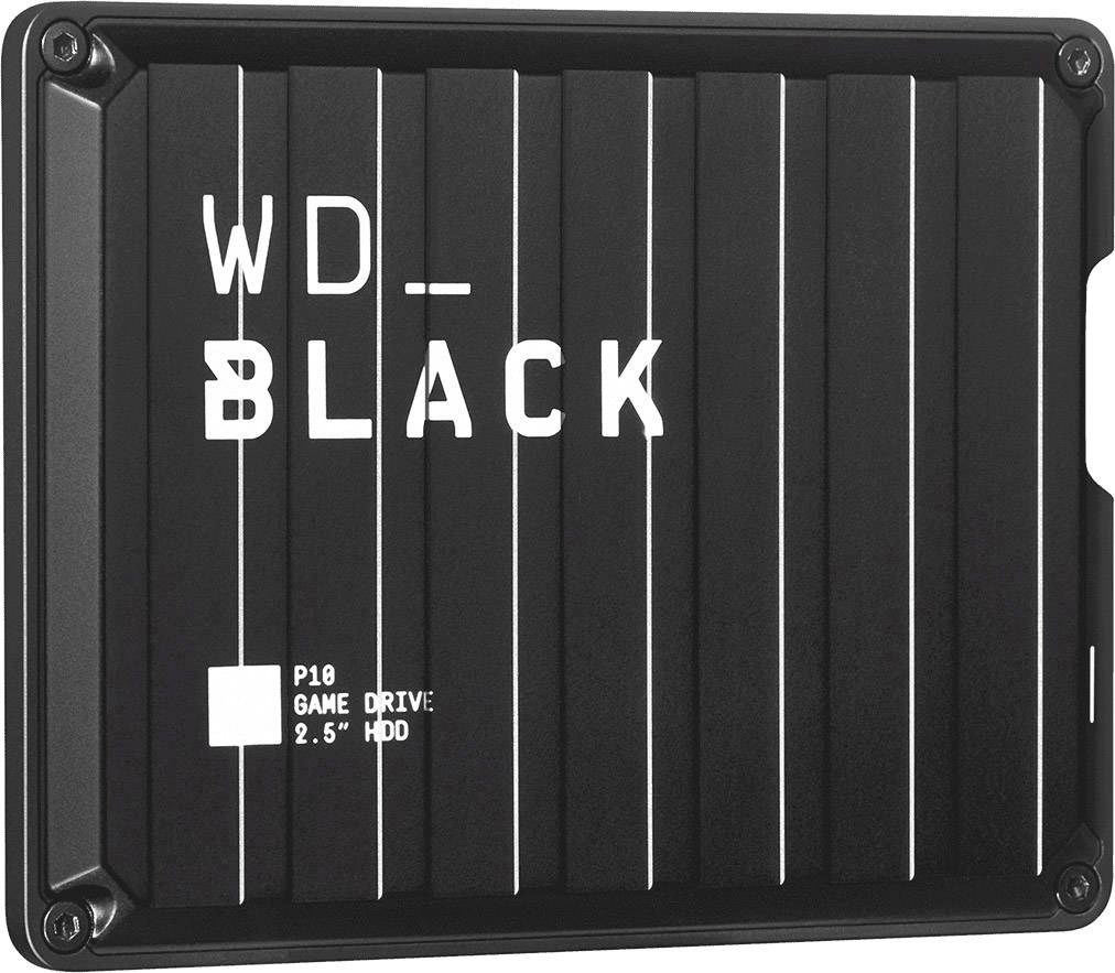 External hard drive enclosure in black with the inscription 'WD_BLACK' and 'P10 Game Drive 2.5'' HDD'. Suitable for gamers.
