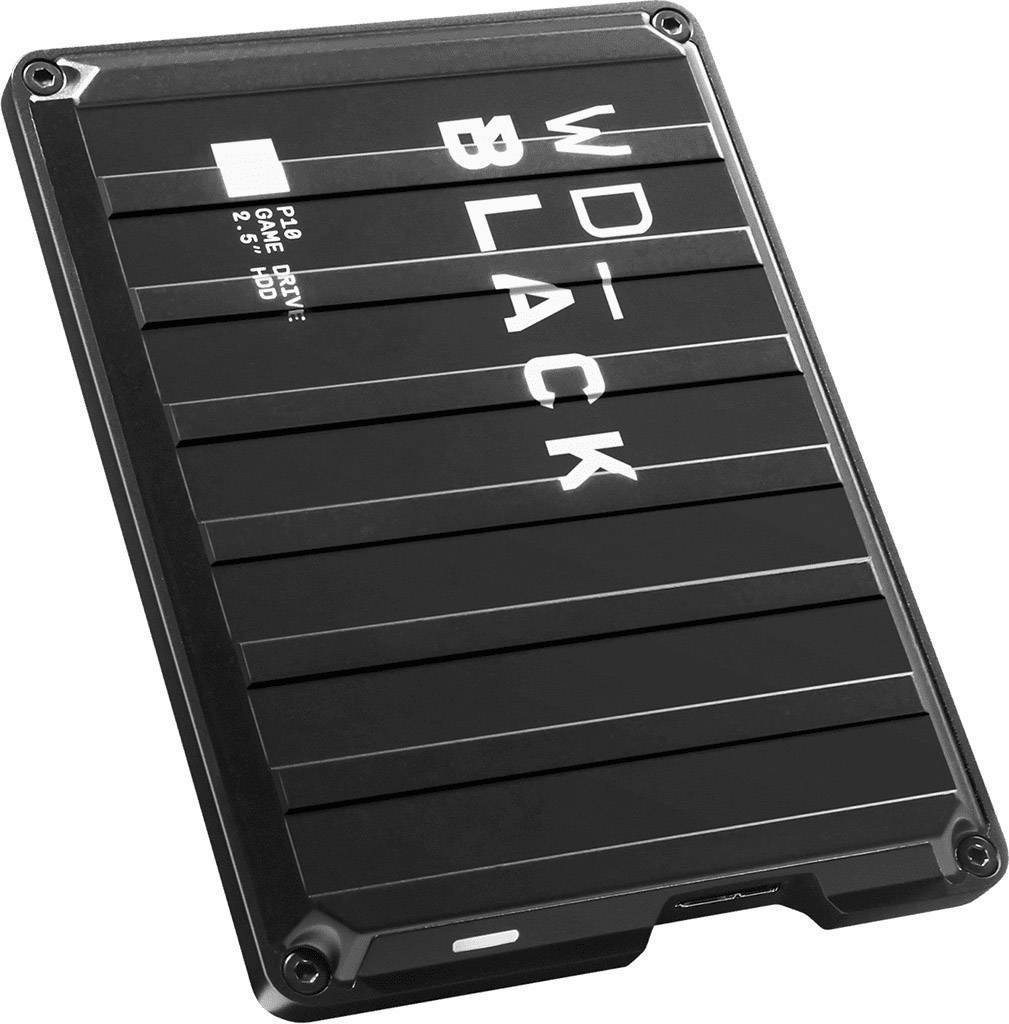 External hard drive in a casing, black colour with white 'WD BLACK' logo. 'P10 GAME DRIVE 2.5" HDD'.