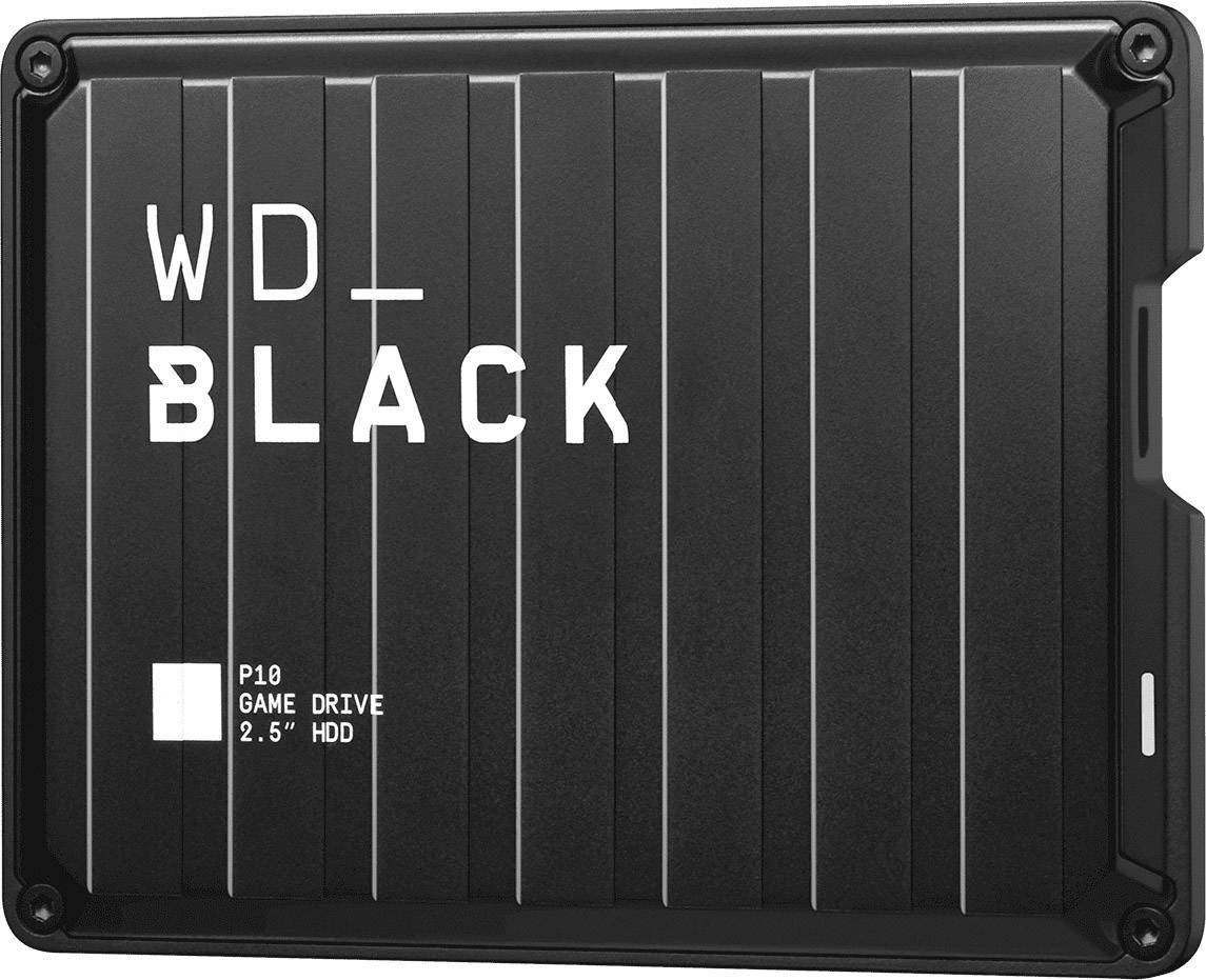 External hard drive with 'WD BLACK' and 'P10 Game Drive 2.5" HDD' printed on it, black enclosure with a textured surface.
