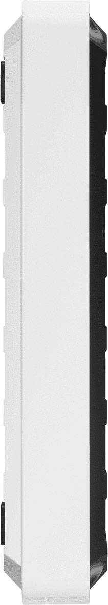 Side view of a rectangular, white and black electronic device with a slim profile, potentially a storage device.