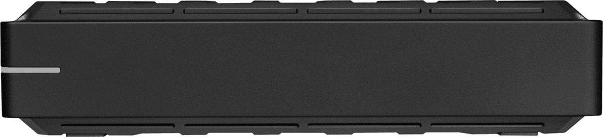 A black external hard drive with a front-facing ventilation slot.