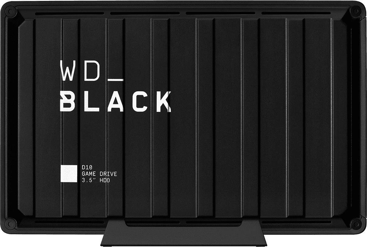 External WD hard drive 'WD_BLACK D10', black in colour, rectangular with logo and model number on the front.