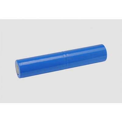 A blue cylindrical battery on a grey background.