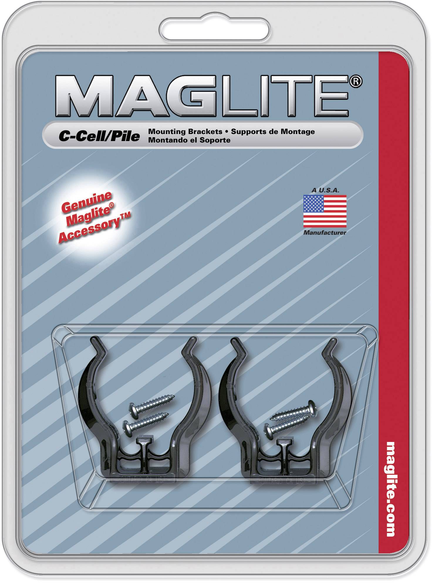 Packaging of Maglite C-Cell Mounting Brackets with two holders and screws. For secure mounting of torches.