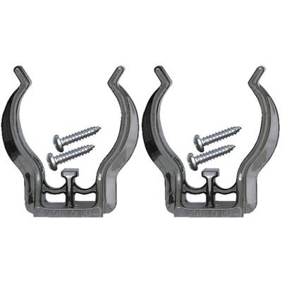 Two black plastic brackets, each with two silver screws, arranged side by side.