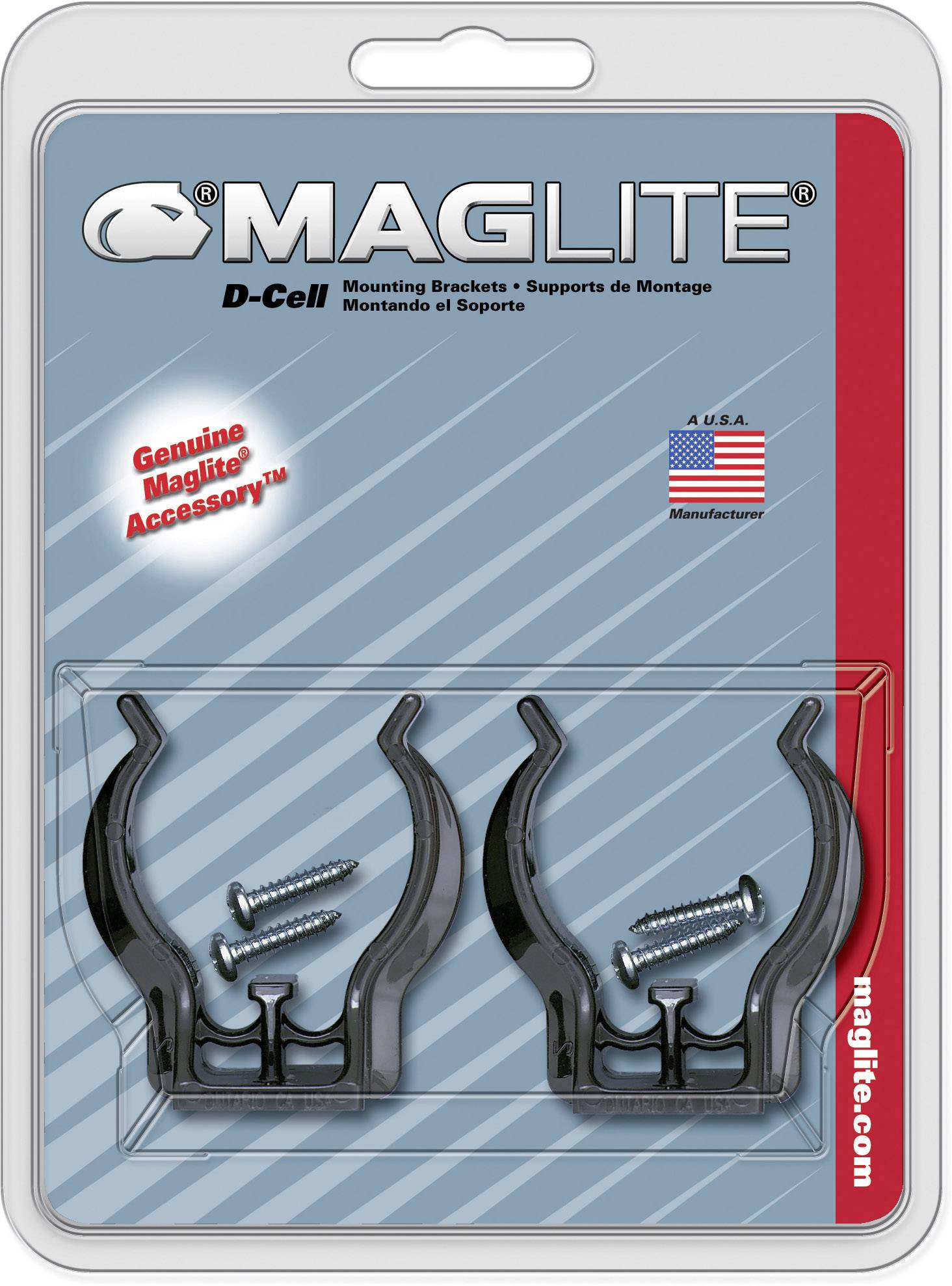Two black mounting brackets with screws, packaged as Maglite D-Cell accessories, manufactured in the USA, on a blue background.