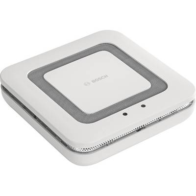 A white, square device, presumably a smoke detector, with the Bosch logo in the centre. It has two small openings at the front.
