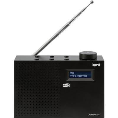 A black portable DAB+ radio with an antenna. The screen displays 'Bob! Enter Sandman'.