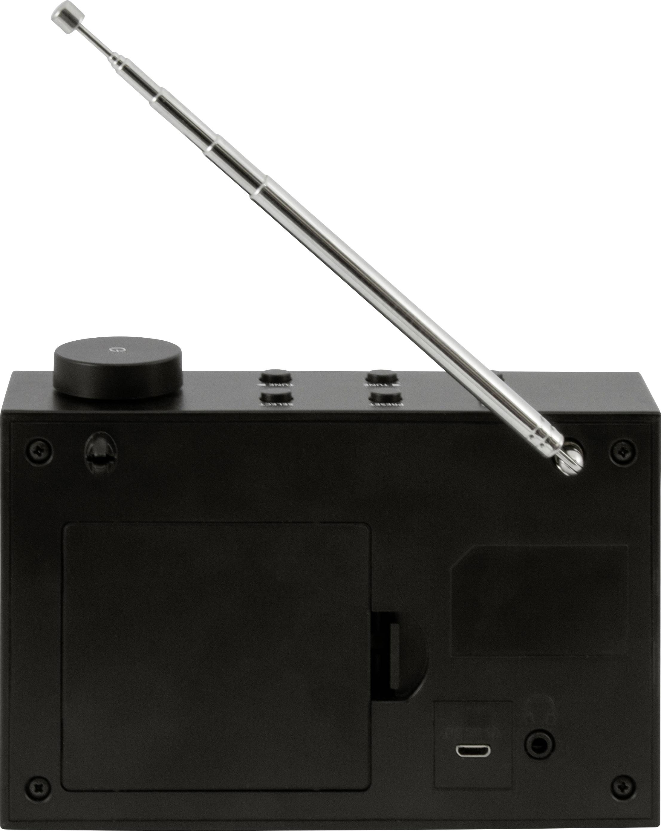 A black portable radio with telescopic aerial, speaker, and multiple control buttons.