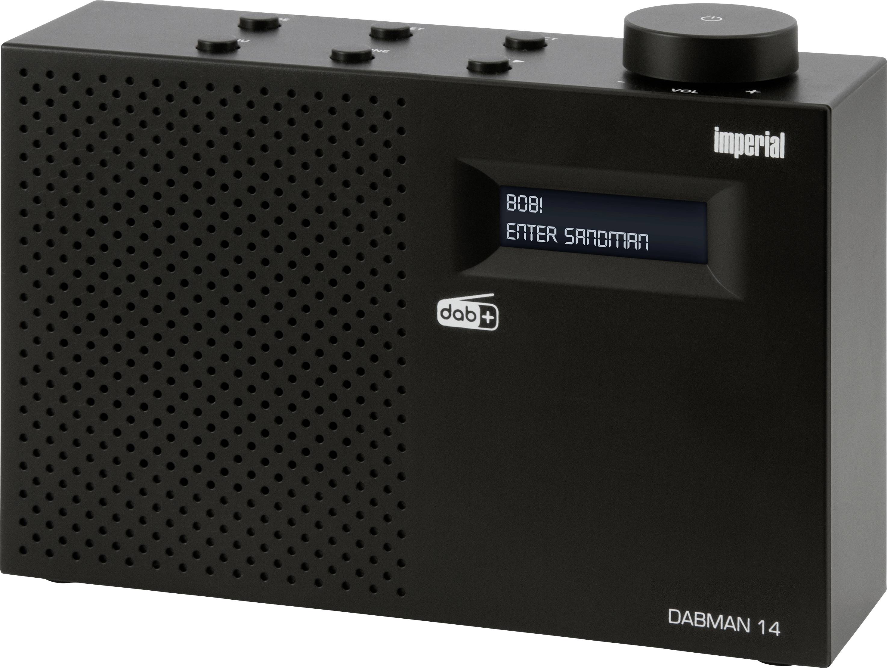 Digital radio 'imperial DABMAN 14' in black with display showing 'BOB! ENTER SANDMAN' and control buttons on top.