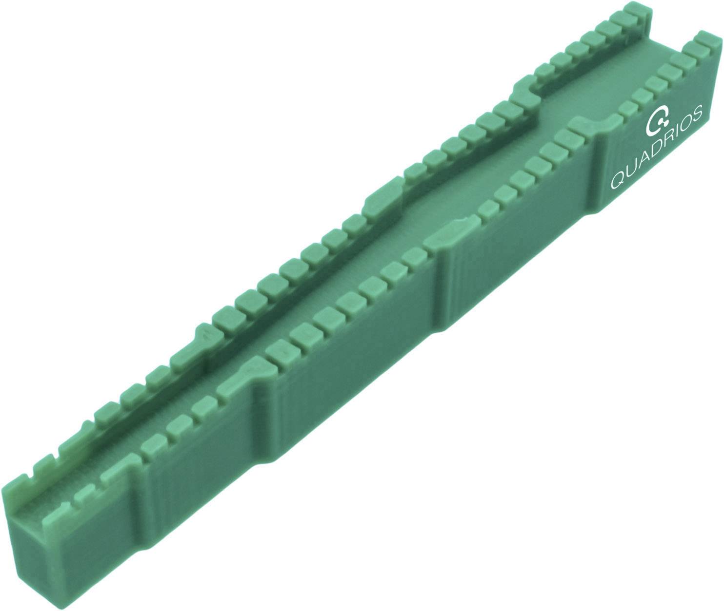 Green, rectangular plastic holder with recesses and the inscription 'Quadrios' for organising electronic components.