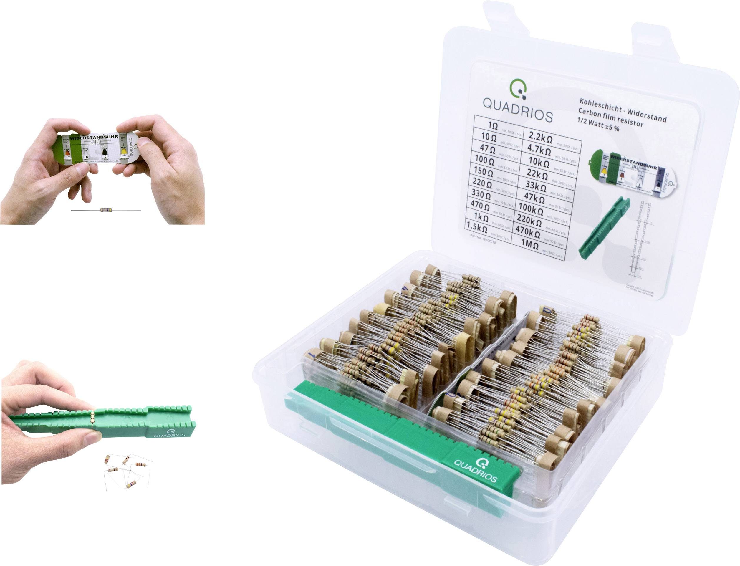 Plastic storage box with sorted resistors of various values. Two hands demonstrating the application and organisation of the resistors.