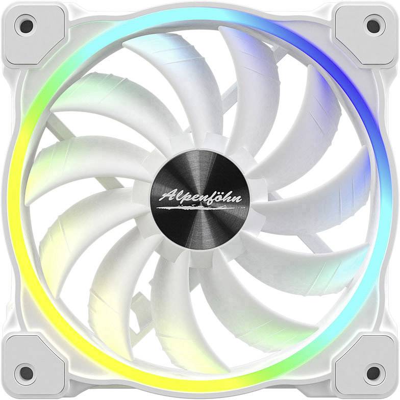 A white computer fan with RGB lighting and the inscription 'Alpenföhn' in the centre.