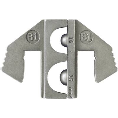 Metal piece with tooth structure, stamped with 'B1', marked for cable sizes 16 mm² and 25 mm², for use in electrical connections.