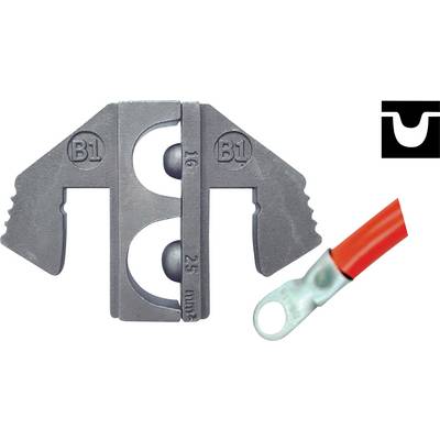 A grey cable processing tool and a red cable lug, suitable for cable sizes from 16 to 25 mm², with a brand logo in the top right corner.