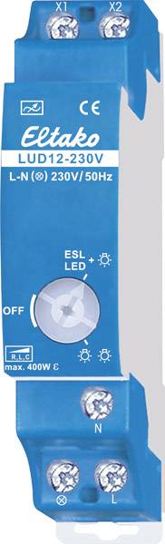 Blue module with buttons and screw terminals, labelled 'Eltako' and 'LUD12-230V', for controlling electronic devices.