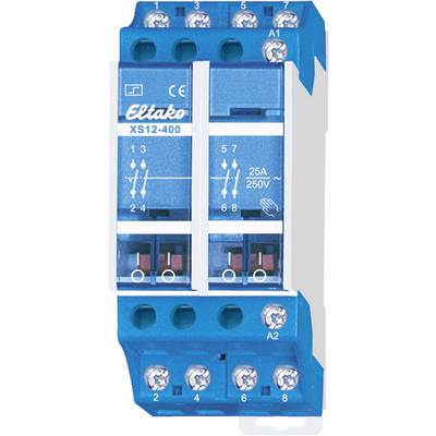 Electronic relay named 'Eltako XS12-400', blue casing, technical connections visible, suitable for 250V, 25A.