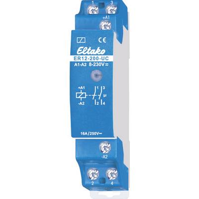 A blue electric relay by Eltako, model ER12-200-UC, suitable for voltages from 8 to 230V with multiple connection terminals.