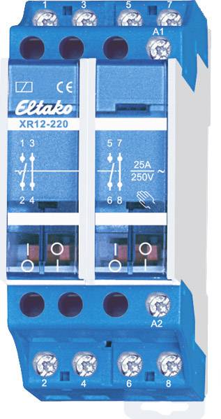 A blue electrical relay with the designation 'Eltako XR12-220', suitable for 25A and 250V, shows connections and technical specifications.