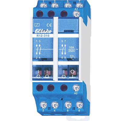 A blue electric relay module 'Eltako R12-310' with switching symbols and technical specifications, suitable for 16A and 250V.