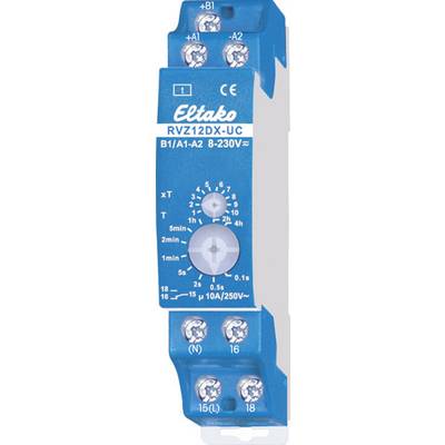 A blue Eltako time switch, model RVZ12DX-UC, for 8-230V. The switch has a rotary control for times ranging from 1 minute to 12 hours.