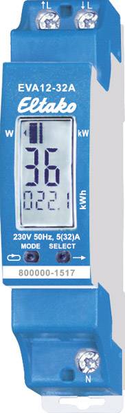 Blue electronic energy meter by Eltako with digital display and label 'EVA12-32A', showing current consumption data.