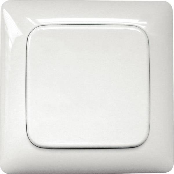 A white light switch in close-up. The switch is square with rounded corners and has a glossy surface.