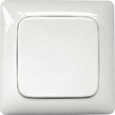 A white light switch in close-up. The switch is square with rounded corners and has a glossy surface.