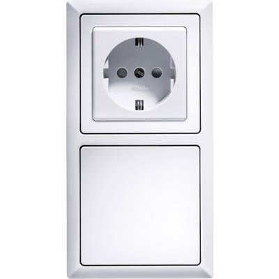 A white wall socket with a closed switch located beneath it.