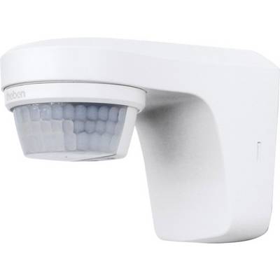 Wall-mounted white motion sensor with a rounded design. Primarily used for automatic lighting control.