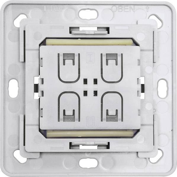 A white, rectangular light switch frame with four symmetrical cut-outs, suitable for wall mounting, without visible switches.