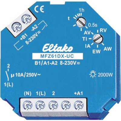 Blue Eltako Relay, Model MFZ61DX-UC. Shows electrical connections at the bottom and adjustment buttons at the top. Voltage 8-230V.