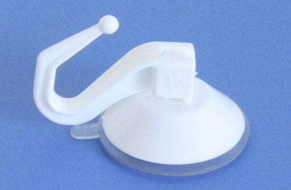White suction cup holder with hook on blue background, useful for hanging items on smooth surfaces.